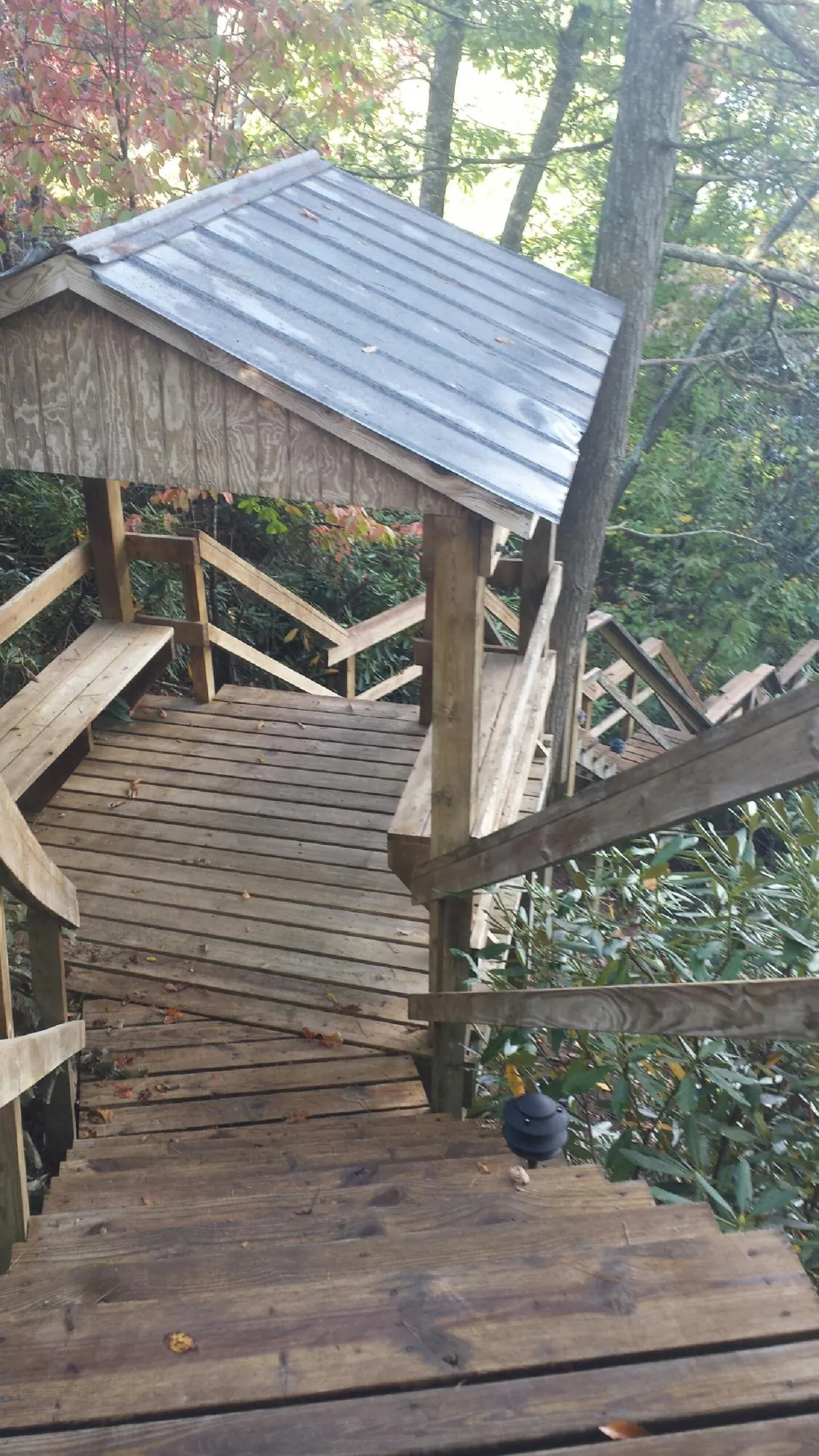 Metal roofed shelter over wooden steps on a wooded walkway — Skylight Repair & Installation work by our crew in Fall Creek