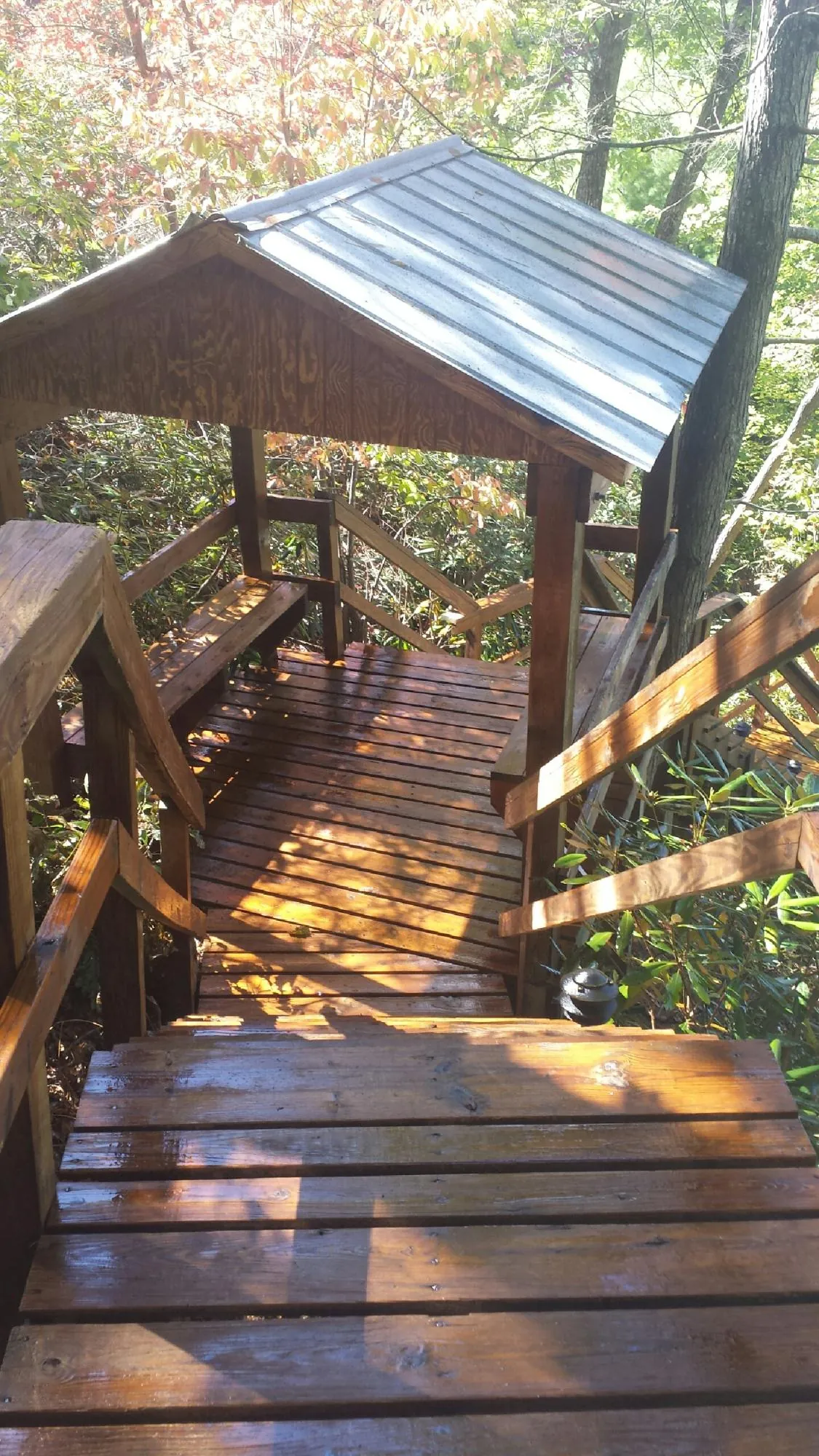 Freshly stained wood walkway and covered shelter with a metal roof in Fall Creek